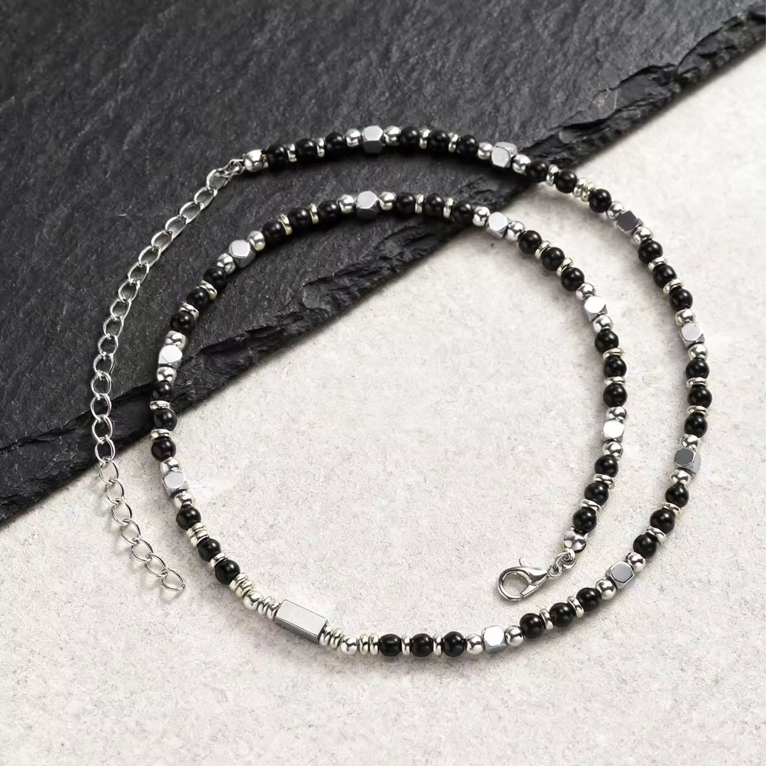 ALITE WEAR POWER black beaded gemstone necklace with silver-tone 316L stainless steel details - view 4