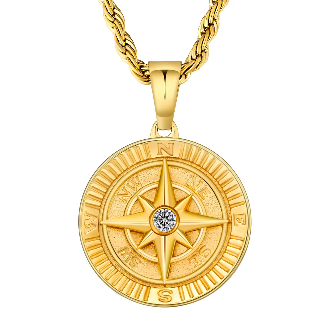 ALITE WEAR CONQUEROR gold round pendant necklace on a rope chain in 316L stainless steel with 14K gold plating - view 3
