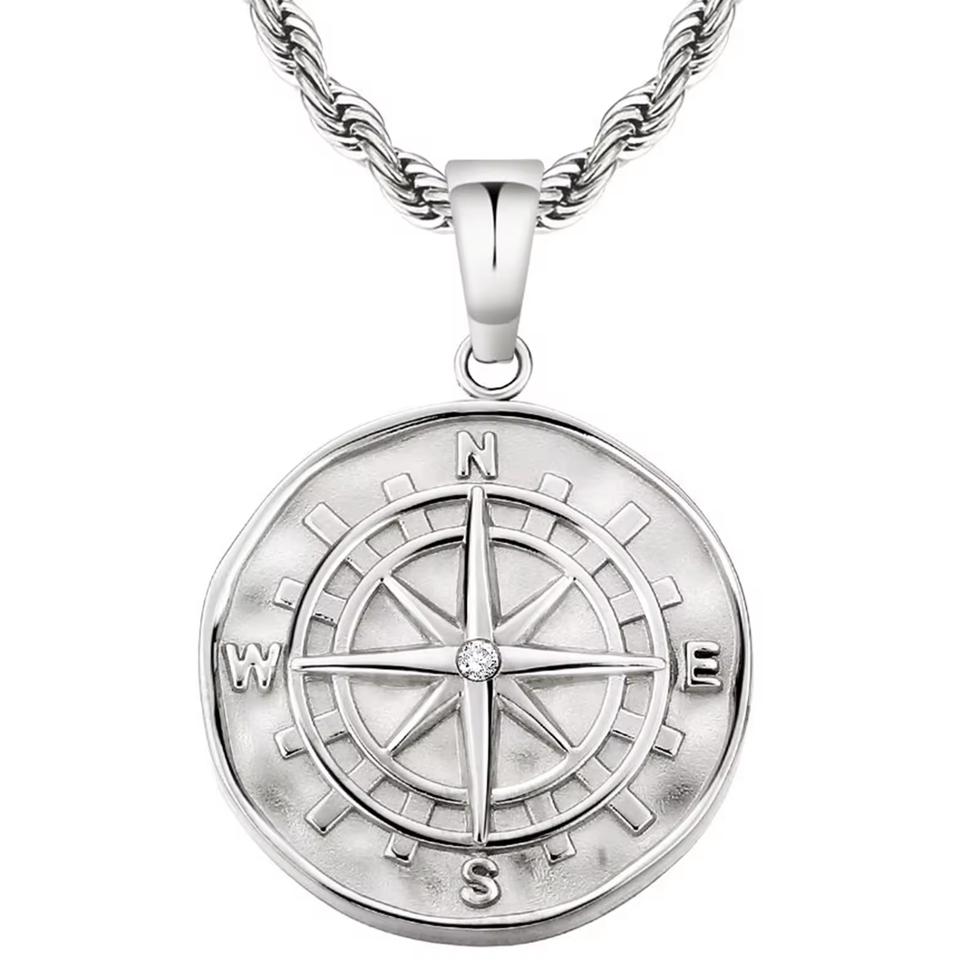 ALITE WEAR COMPAS silver round pendant necklace on a rope chain in 316L stainless steel - view 4