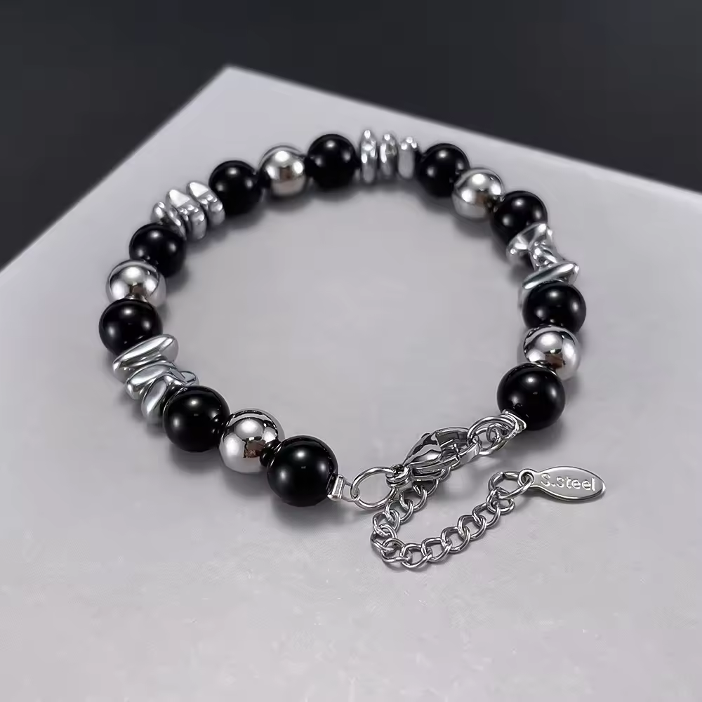 ALITE WEAR BLACK AGATHE black agate beaded bracelet with silver-tone 316L stainless steel details - view 3