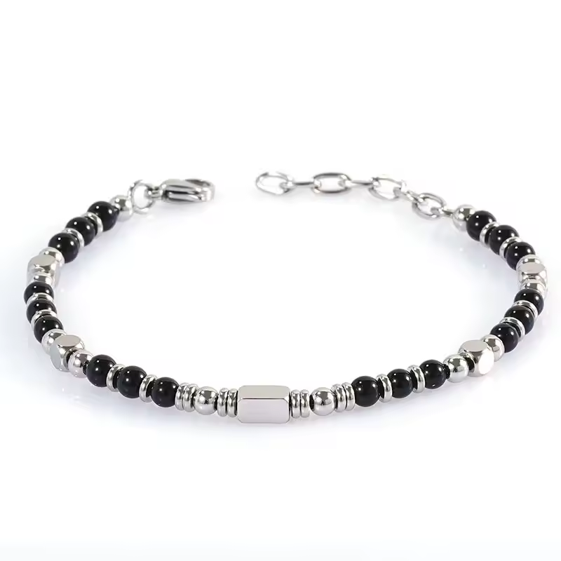 ALITE WEAR ONYX black agate beaded bracelet with silver-tone 316L stainless steel details - view 3