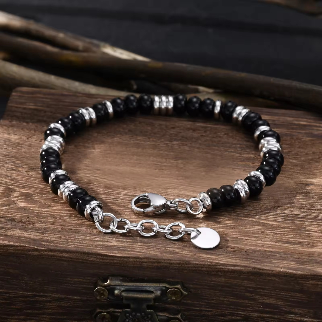 ALITE WEAR LEGACY black agate beaded bracelet with silver-tone 316L stainless steel details - view 2