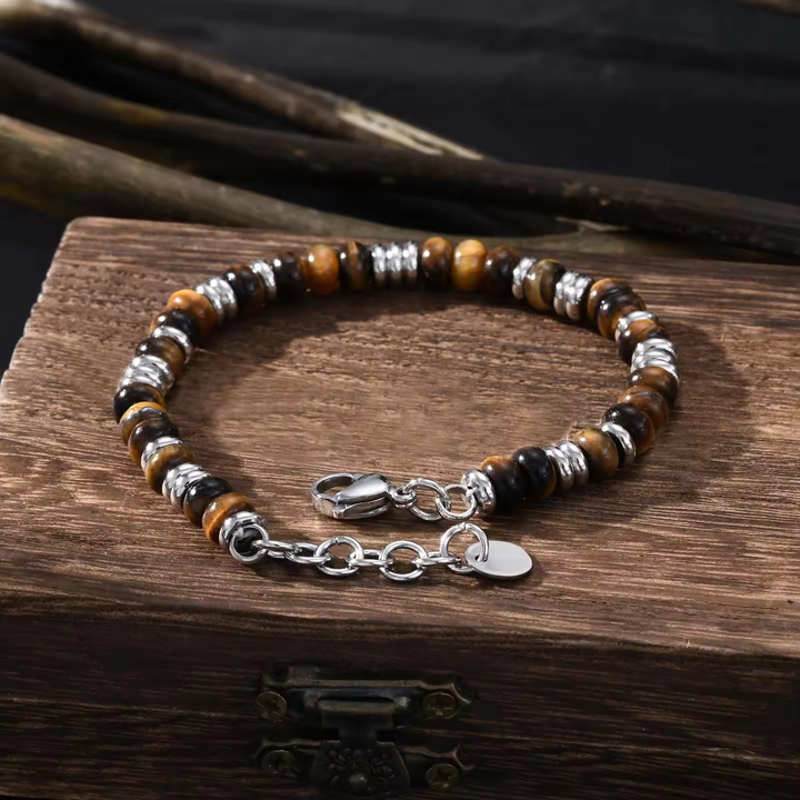 ALITE WEAR HERITAGE brown beaded gemstone bracelet with silver-tone 316L stainless steel details - view 3