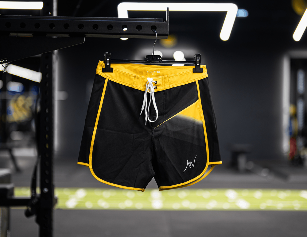 Yellow Flash competition board shorts front view | ALITE WEAR