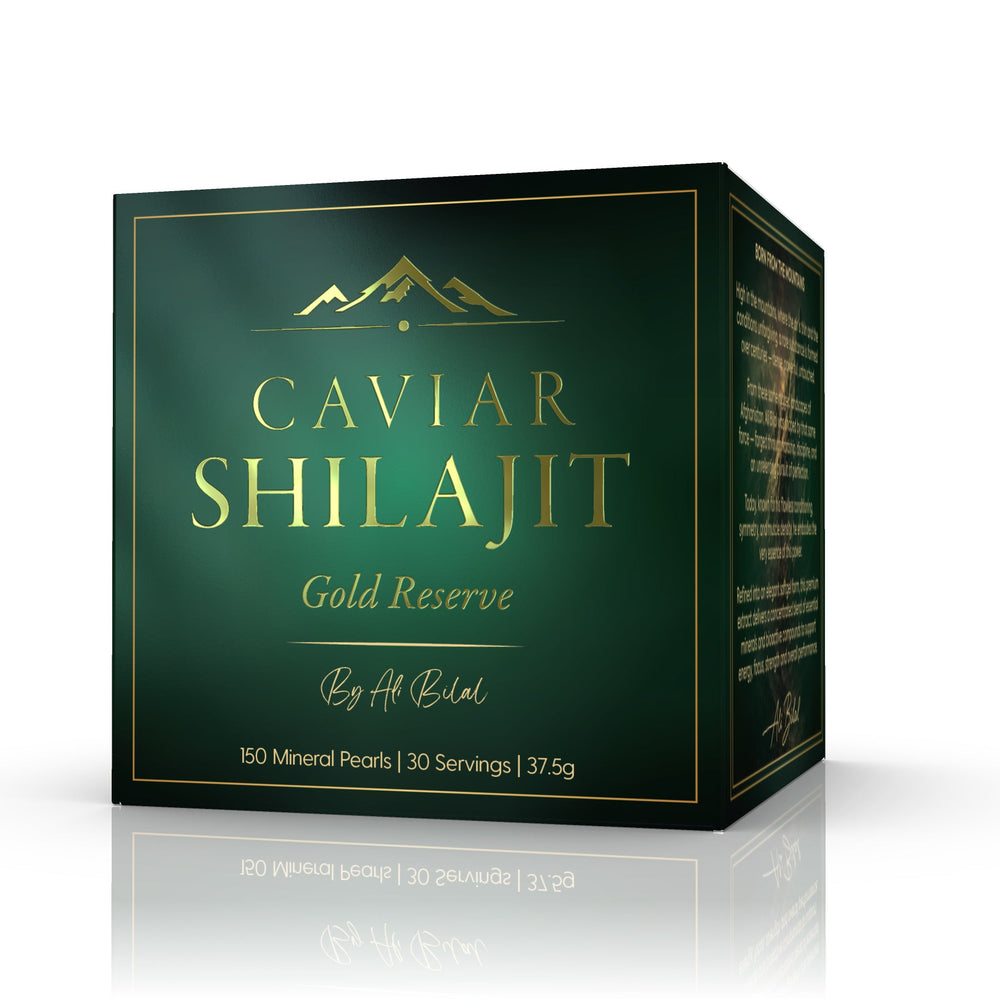 Caviar Shilajit Gold Reserve box front — green and gold premium packaging by Ali Bilal