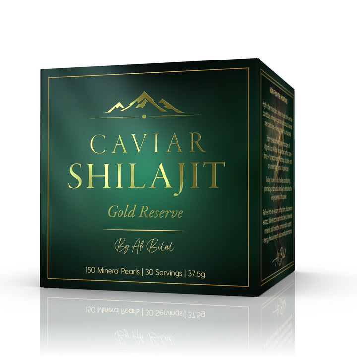 Caviar Shilajit Gold Reserve box front — green and gold premium packaging by Ali Bilal
