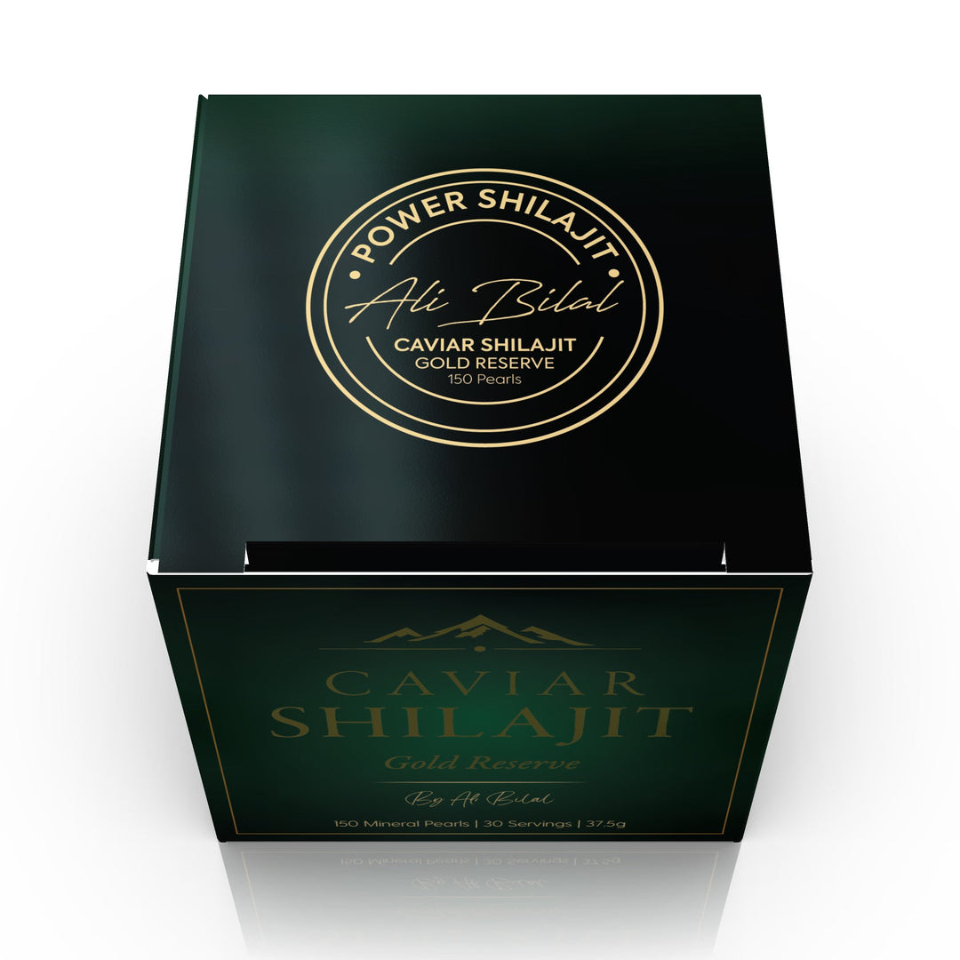 Caviar Shilajit Gold Reserve packaging top view — premium green and gold design