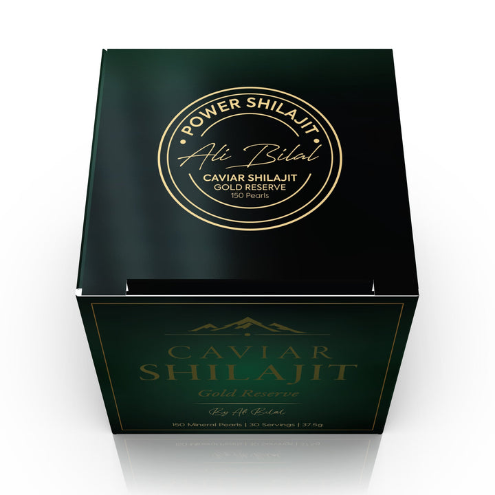Caviar Shilajit Gold Reserve packaging top view — premium green and gold design