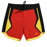 RED VENOM red, black and yellow Men's Physique competition board shorts by ALITE WEAR - flat lay front view
