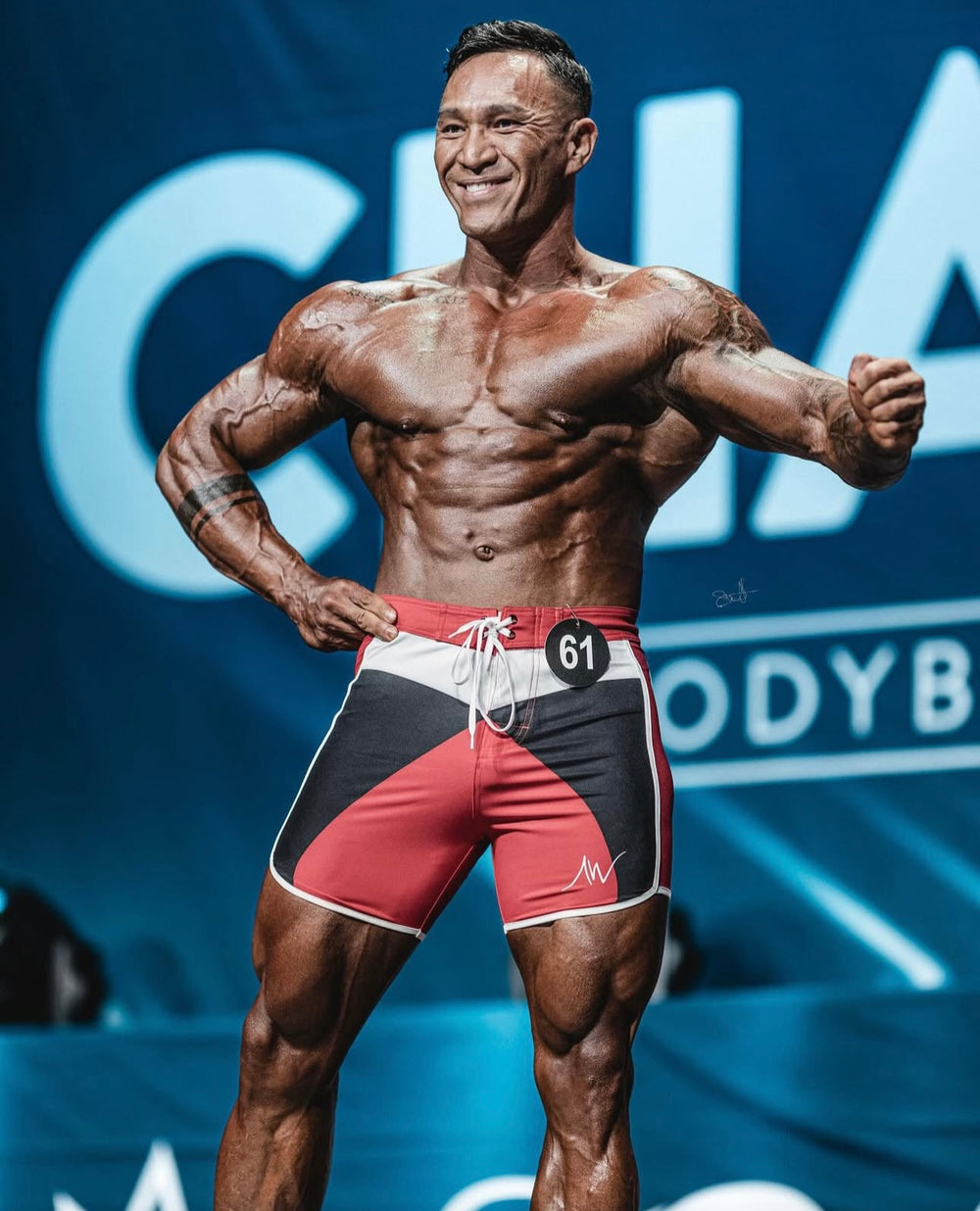 Muscle Burn competition board shorts front view | ALITE WEAR