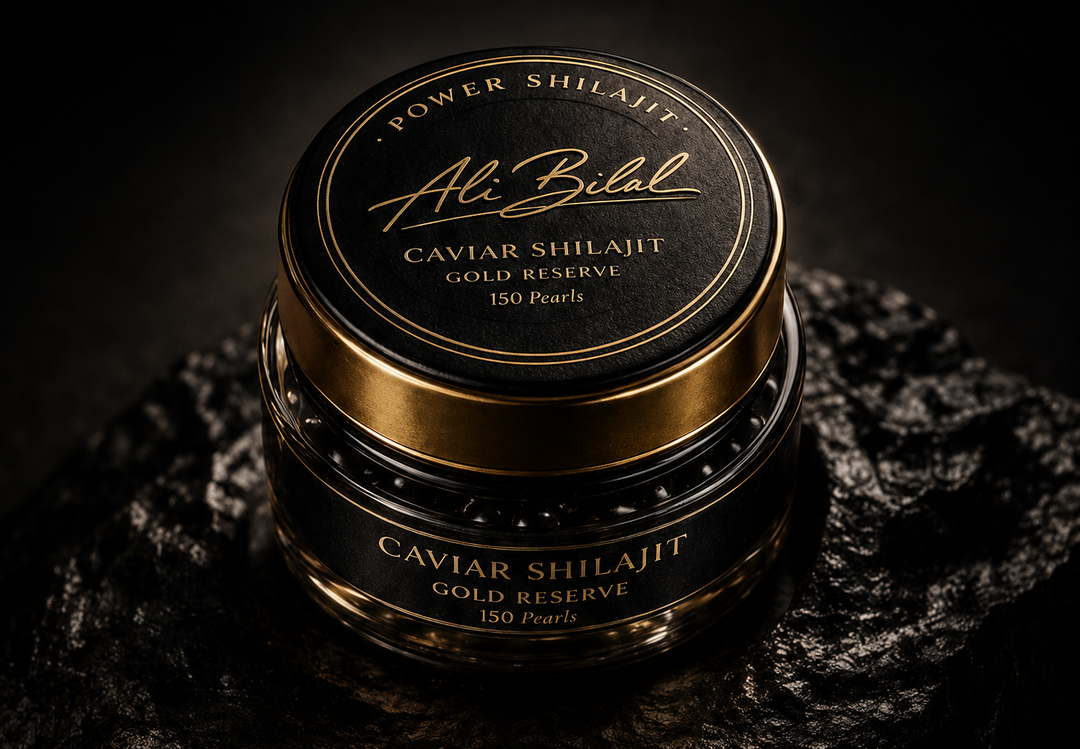 Caviar Shilajit Gold Reserve jar by Ali Bilal — 150 mineral pearls, black and gold packaging on dark rock