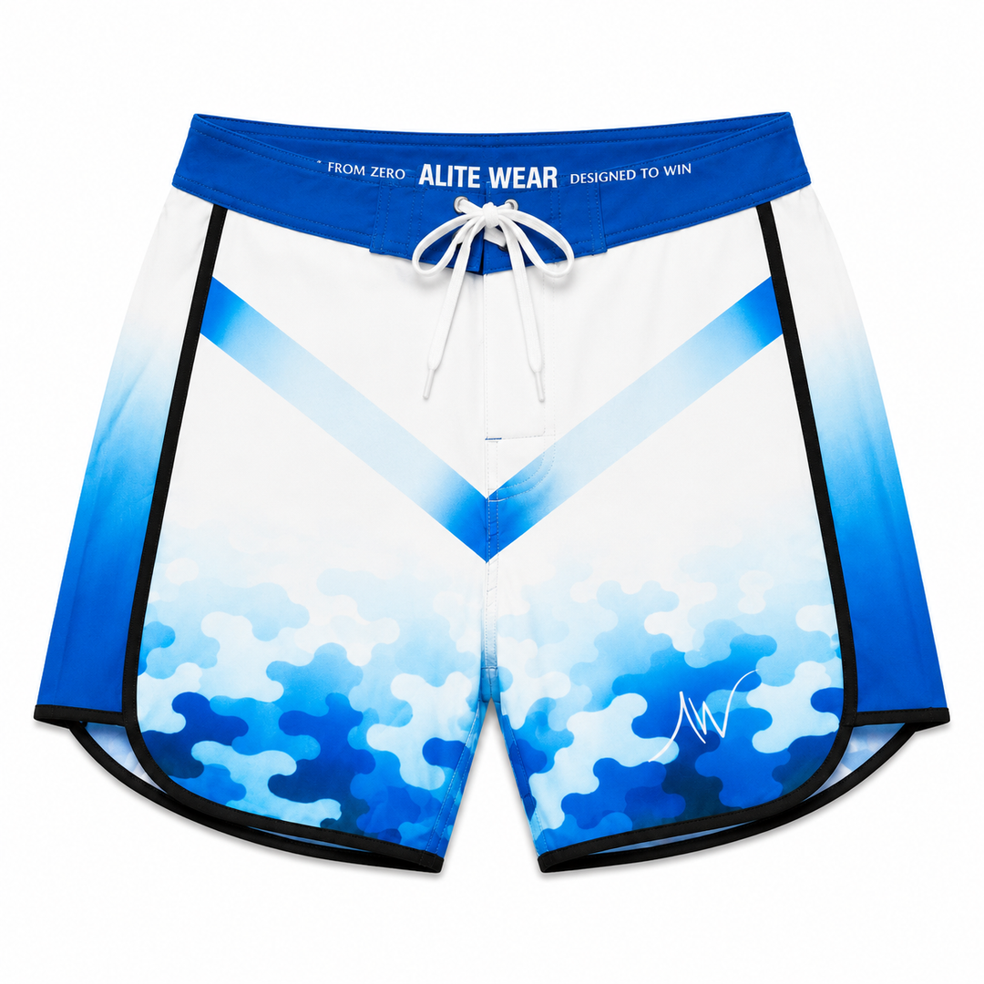 Kamish blue and white camo Men's Physique competition board shorts by ALITE WEAR - flat lay front view