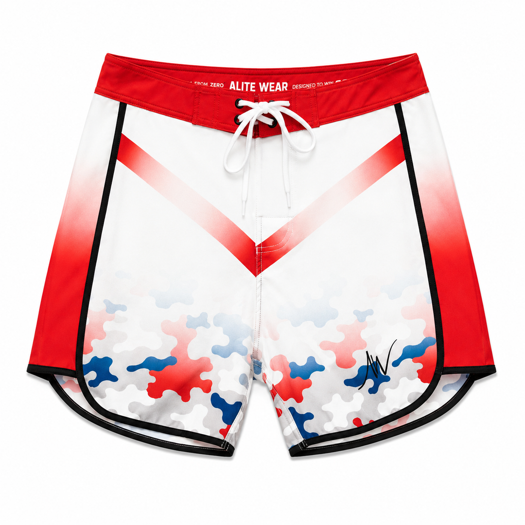 Atacs red, white, and blue camo Men's Physique competition board shorts by ALITE WEAR - flat lay front view
