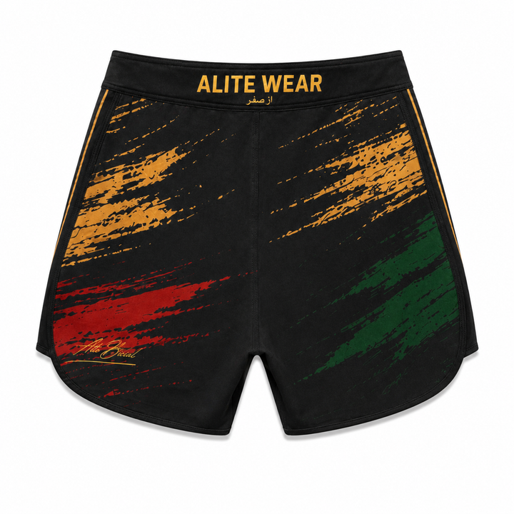 ALITE WEAR branded waistband close-up on Legacy black, gold, red, and green Men&