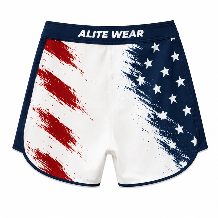 ALITE WEAR branded waistband close-up on Freedom limited edition navy, white, and red American flag Men&