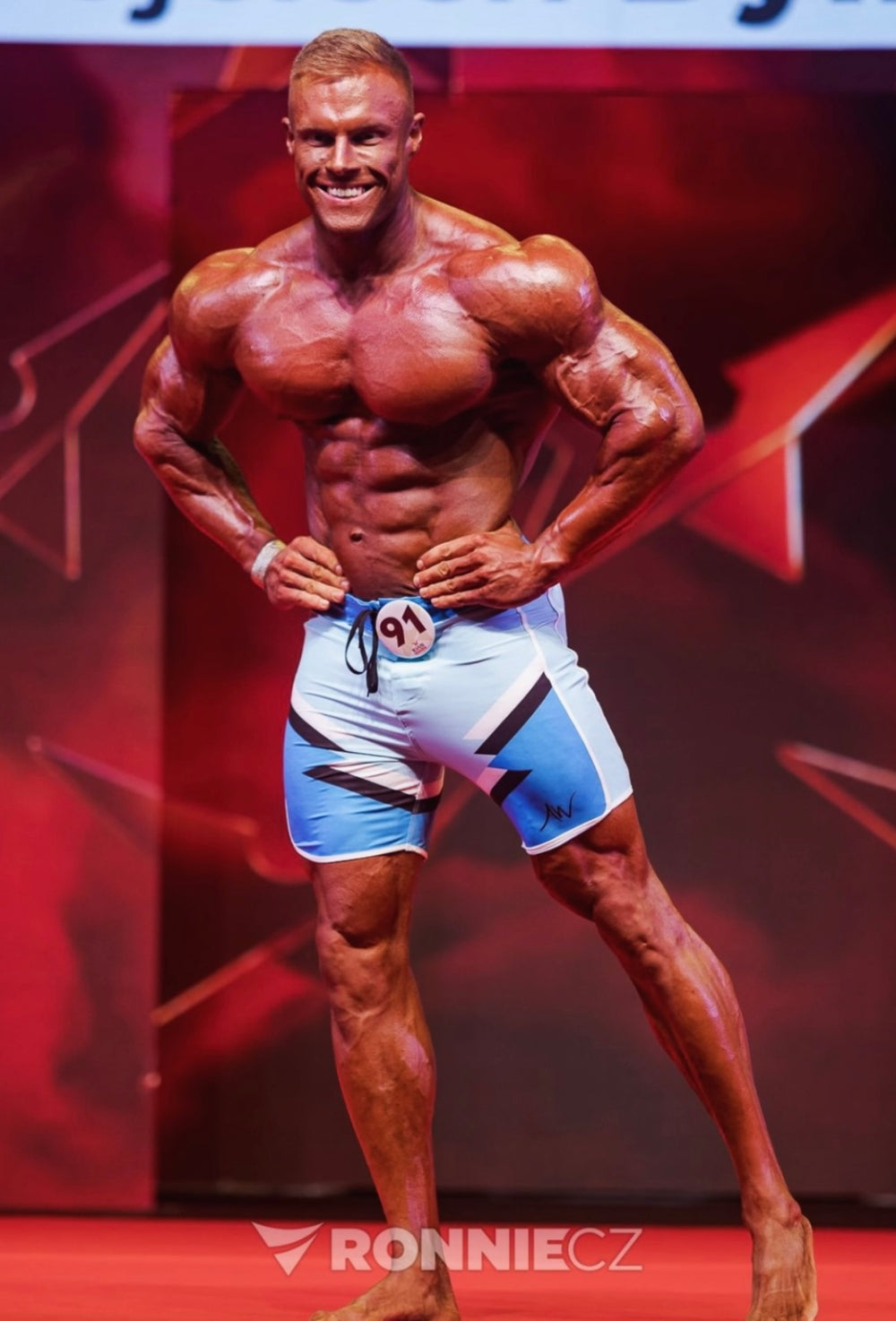 Sky Blue competition board shorts front view | ALITE WEAR
