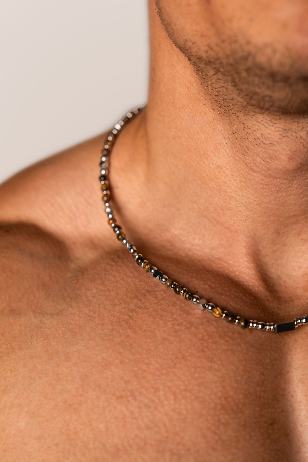 ALITE WEAR FORGE black beaded gemstone necklace with silver-tone 316L stainless steel details