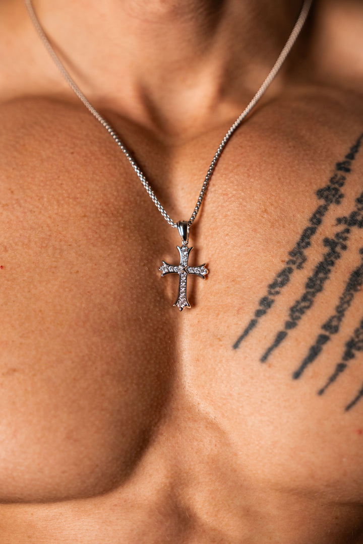 ALITE WEAR WARRIOR CROSS silver cross pendant necklace on a rope chain in 316L stainless steel