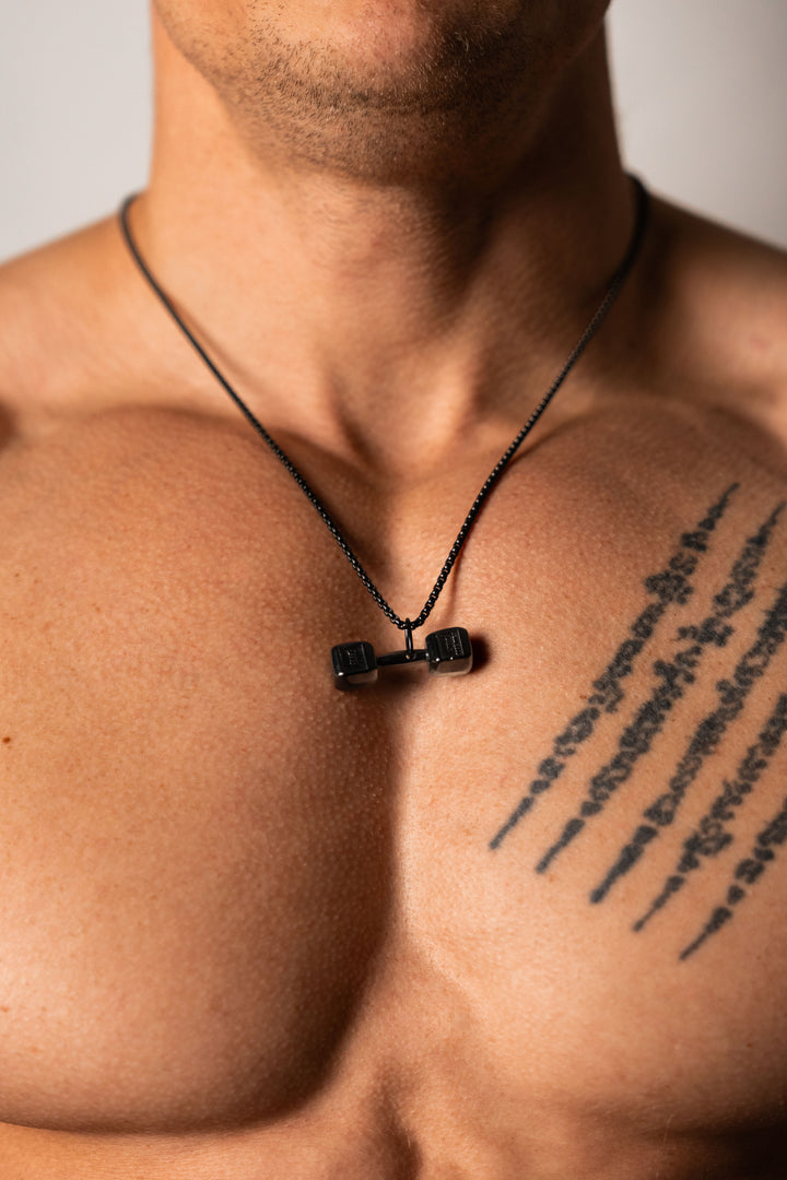 ALITE WEAR RAW STRENGTH black dumbbell pendant necklace in 316L stainless steel