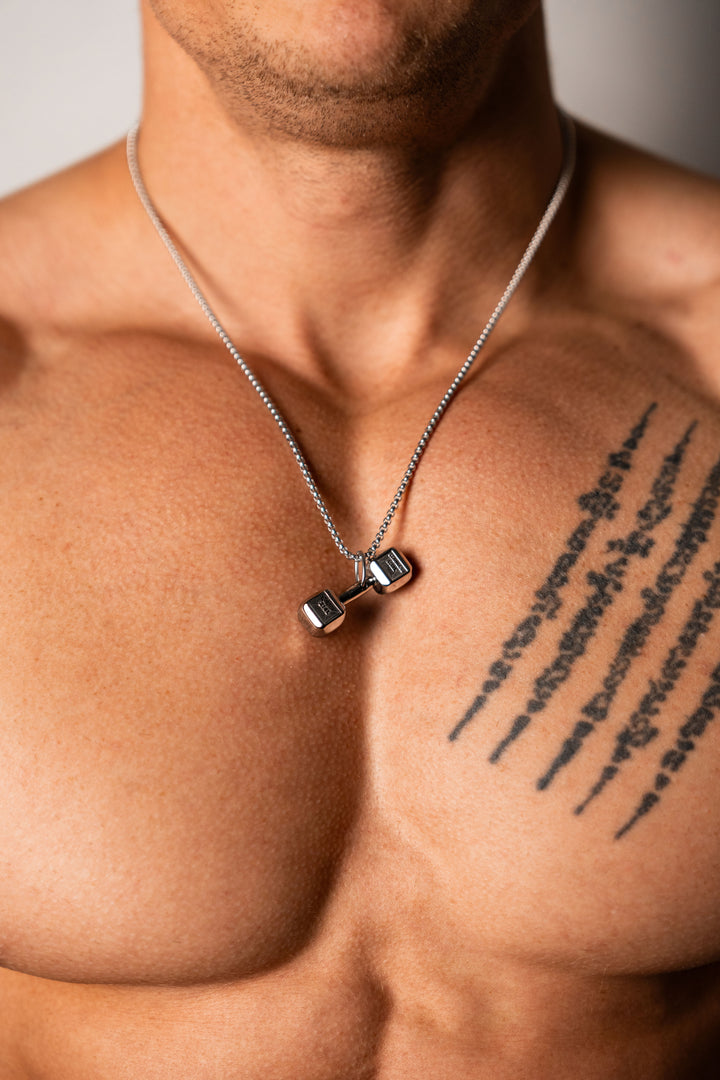 ALITE WEAR BUILT DIFFERENT silver dumbbell pendant necklace in 316L stainless steel