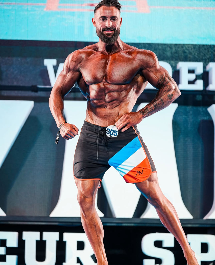 Black, Blue, White & Red Bodybuilding Board Shorts for Mens
