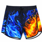 Fire & Ice Flash Men's Physique competition board shorts with blue and orange flame graphic by ALITE WEAR - flat lay front view