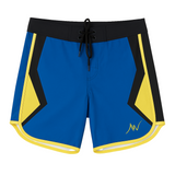 Blue Venom blue black and yellow angular Men's Physique competition board shorts by ALITE WEAR - flat lay front