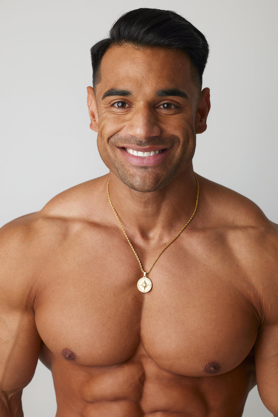 ALITE WEAR CONQUEROR gold round pendant necklace on a rope chain in 316L stainless steel with 14K gold plating - view 2