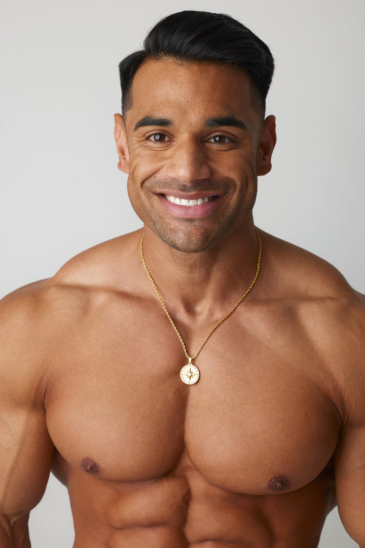 ALITE WEAR CONQUEROR gold round pendant necklace on a rope chain in 316L stainless steel with 14K gold plating - view 2