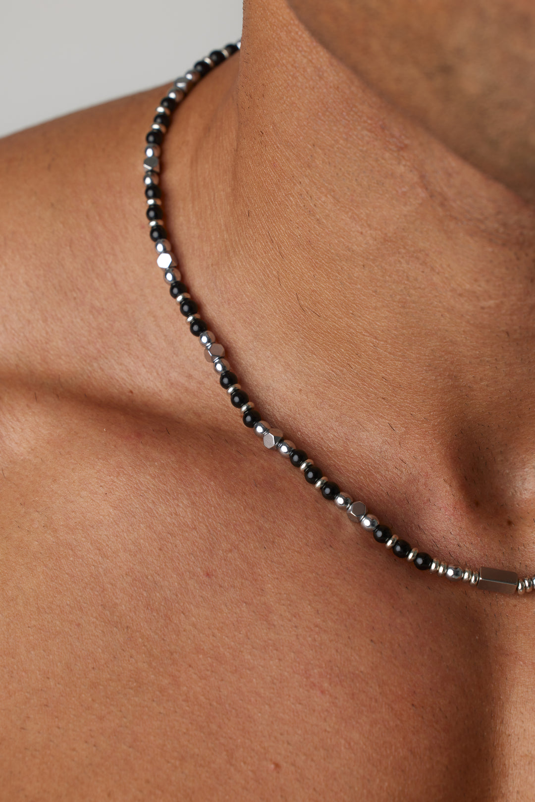 ALITE WEAR POWER black beaded gemstone necklace with silver-tone 316L stainless steel details
