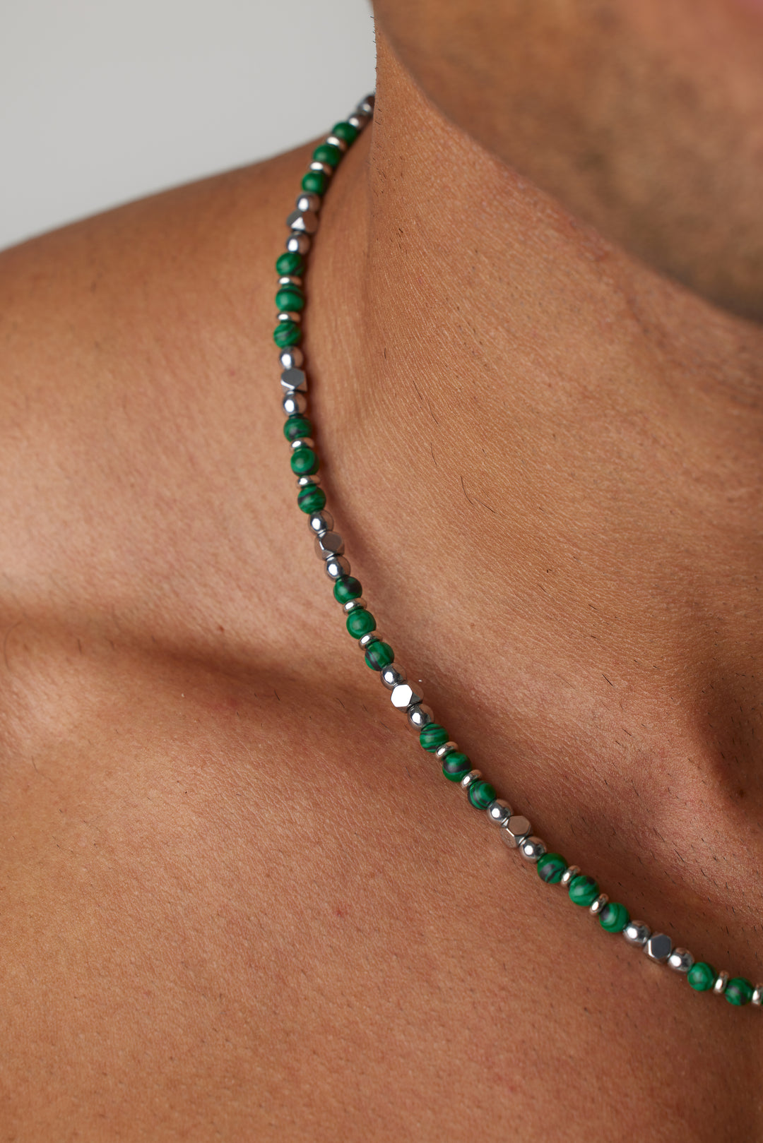 ALITE WEAR CORE green beaded gemstone necklace with silver-tone 316L stainless steel details
