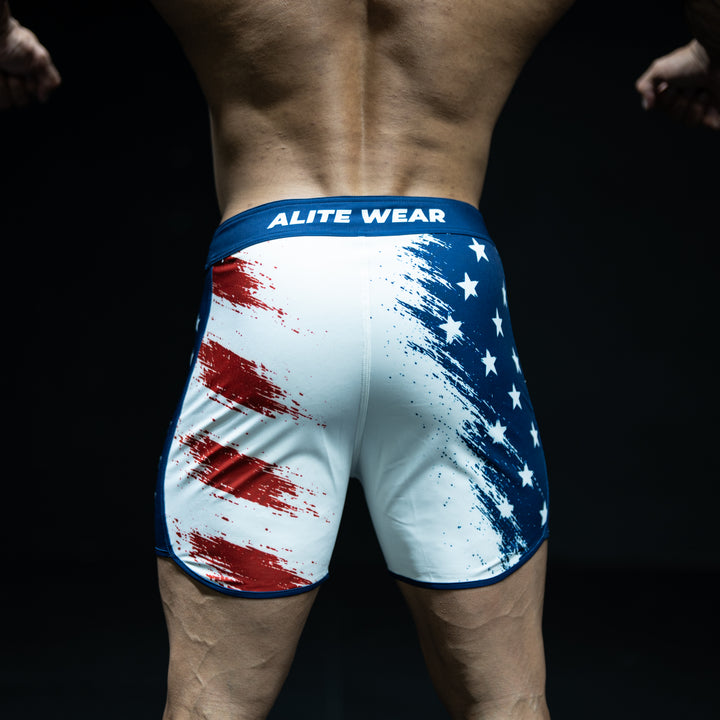 ALITE WEAR branded waistband rear view on Freedom limited edition navy, white, and red American flag Men&