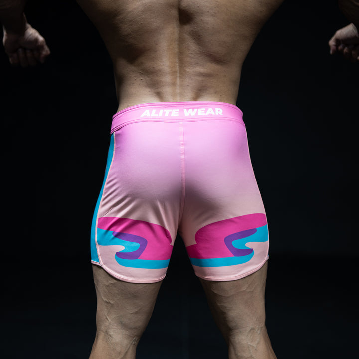Rear view of Mirage pink, orange, and teal gradient Men&